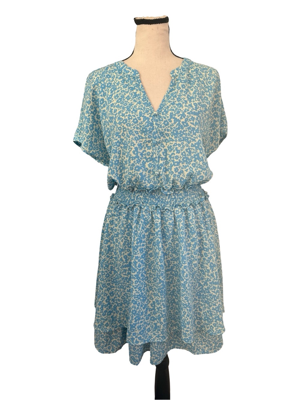 Sienna Sky Blue Floral Smocked Waist Tiered Dress L Boho Cottagecore